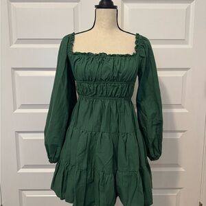 Princess Polly Forest Green Square-Neck Tiered Long-Sleeve Mini Dress